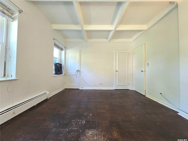 empty room featuring beam ceiling, coffered ceiling, and a baseboard heating unit