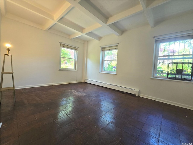 unfurnished room featuring beamed ceiling, coffered ceiling, and a baseboard heating unit