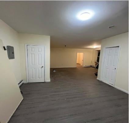 hall featuring electric panel, dark hardwood / wood-style floors, and baseboard heating