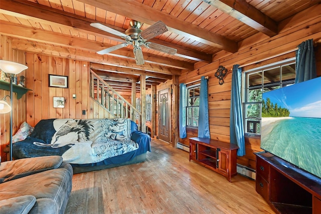 living room featuring ceiling fan, a baseboard heating unit, wooden walls, wooden ceiling, and beamed ceiling