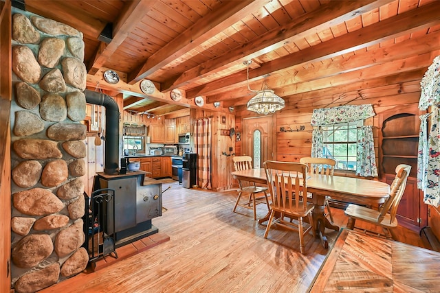 dining area featuring beam ceiling, a notable chandelier, wooden ceiling, a wood stove, and wood walls