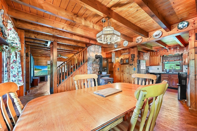 dining space featuring beamed ceiling, a wood stove, wood walls, and wood ceiling