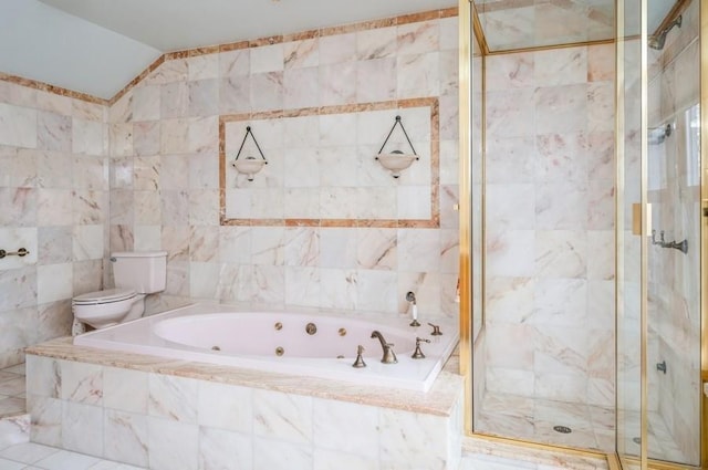 bathroom featuring toilet, tile walls, lofted ceiling, and independent shower and bath