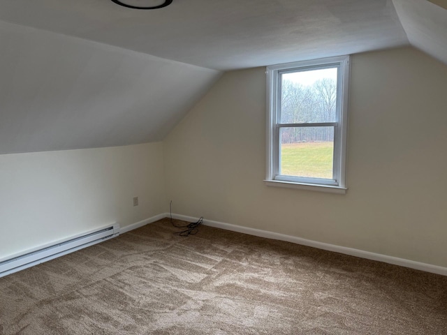 bonus room featuring carpet, vaulted ceiling, and baseboard heating