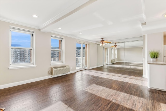 unfurnished living room featuring ceiling fan, dark hardwood / wood-style flooring, an AC wall unit, and ornamental molding