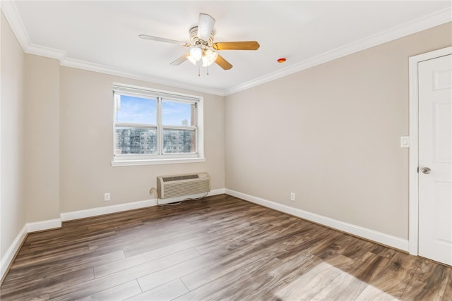 unfurnished room with a wall mounted AC, dark wood-type flooring, and ornamental molding