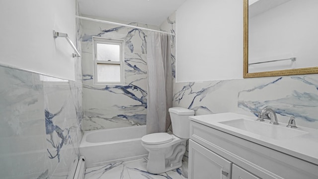 full bathroom featuring vanity, toilet, shower / bath combo with shower curtain, tile walls, and a baseboard radiator