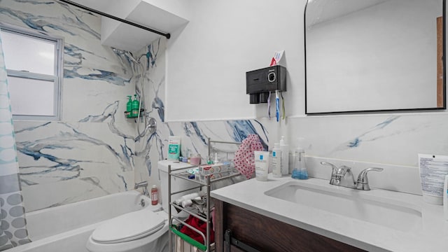 full bathroom with vanity, shower / bathtub combination with curtain, tile walls, and toilet