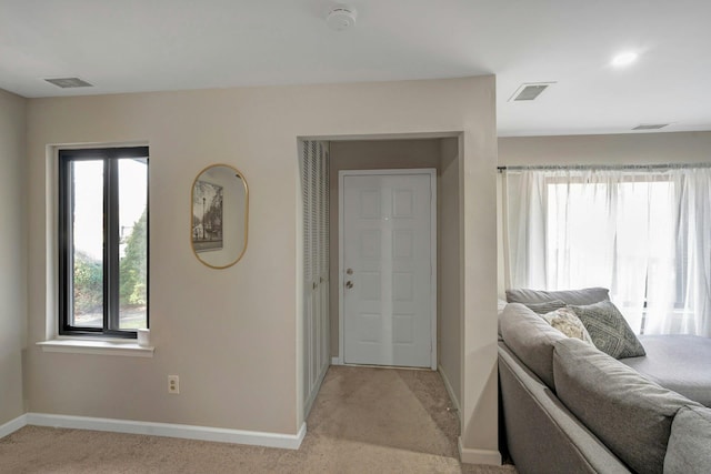 interior space featuring light colored carpet and plenty of natural light