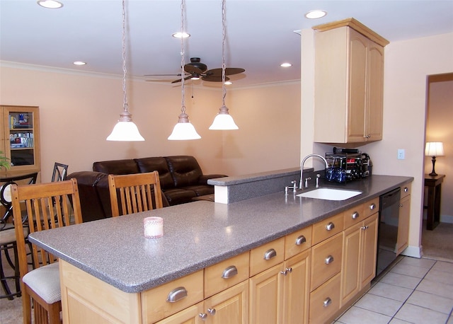 kitchen with dishwasher, light brown cabinets, sink, light tile patterned floors, and ornamental molding