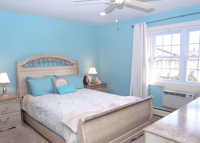 bedroom with carpet, ceiling fan, a wall mounted AC, and a baseboard radiator