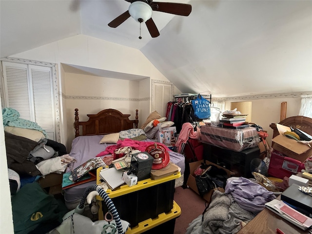 bedroom with ceiling fan and lofted ceiling