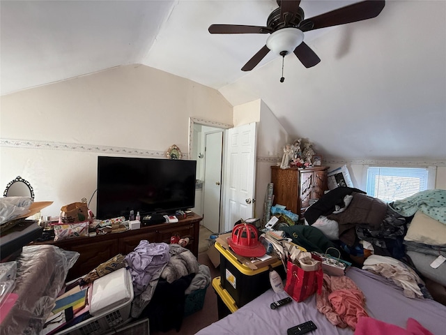 bedroom with ceiling fan and lofted ceiling