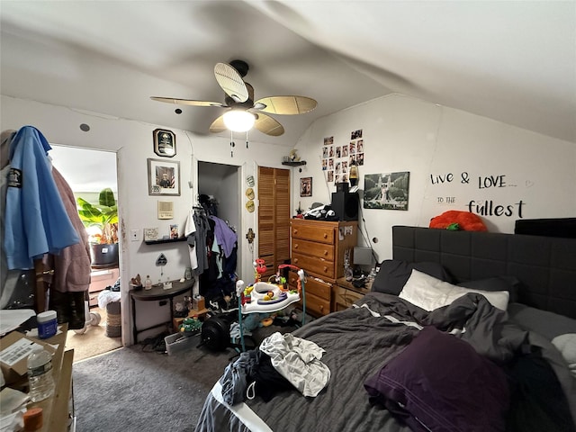 bedroom featuring carpet, ceiling fan, and lofted ceiling