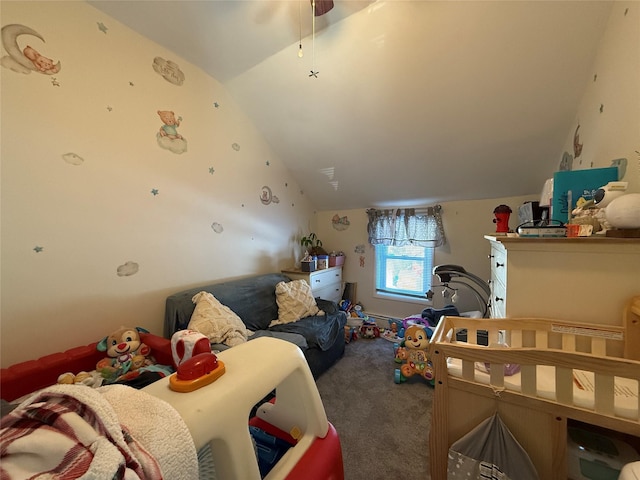 bedroom featuring carpet floors and vaulted ceiling