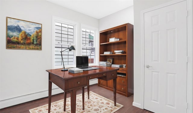 office space with dark wood-type flooring and a baseboard radiator