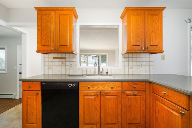 kitchen featuring kitchen peninsula, decorative backsplash, sink, a baseboard radiator, and black dishwasher