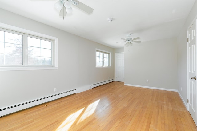 spare room featuring ceiling fan, light hardwood / wood-style flooring, and a baseboard heating unit