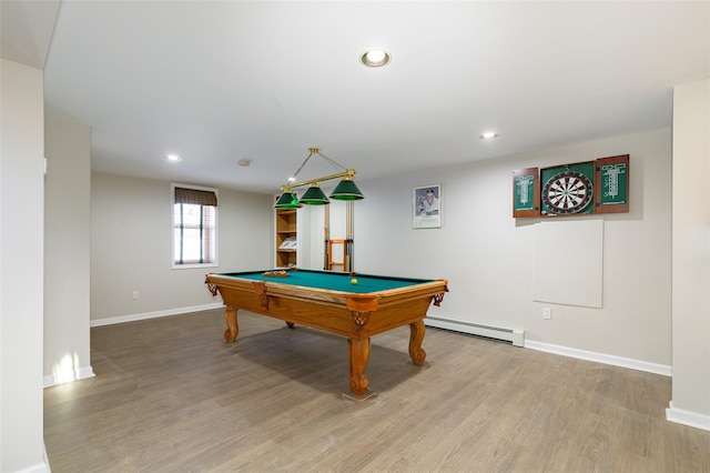 playroom with hardwood / wood-style flooring, a baseboard heating unit, and pool table