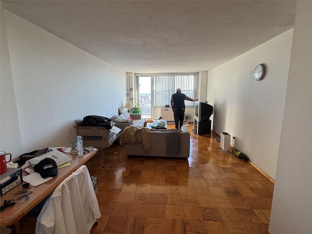 living room with a textured ceiling