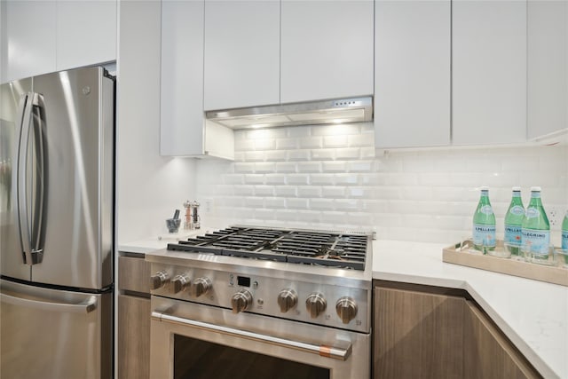 kitchen featuring white cabinetry, stainless steel appliances, exhaust hood, and tasteful backsplash