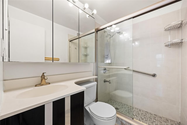 bathroom with vanity, a shower with shower door, and toilet