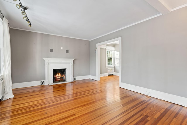 unfurnished living room featuring ornamental molding, a fireplace, and light hardwood / wood-style flooring