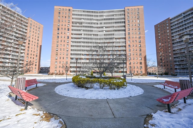 view of snow covered building