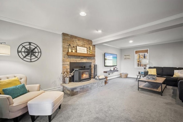 living room featuring a fireplace, carpet floors, and ornamental molding