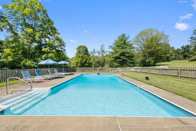 view of swimming pool with a lawn