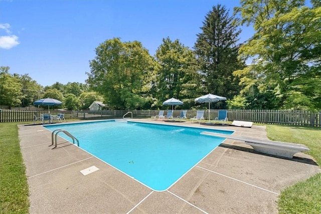 view of swimming pool with a diving board and a patio