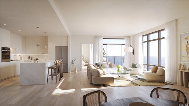 living room featuring sink, light hardwood / wood-style floors, and a water view