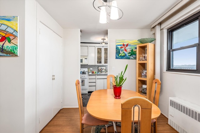 dining space featuring light hardwood / wood-style floors and radiator heating unit