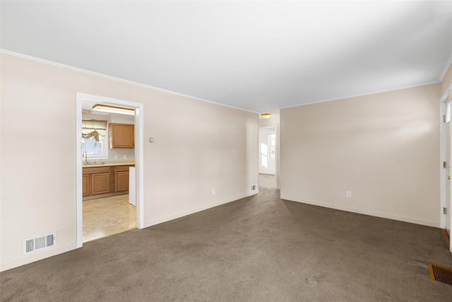 carpeted spare room with crown molding, plenty of natural light, and sink