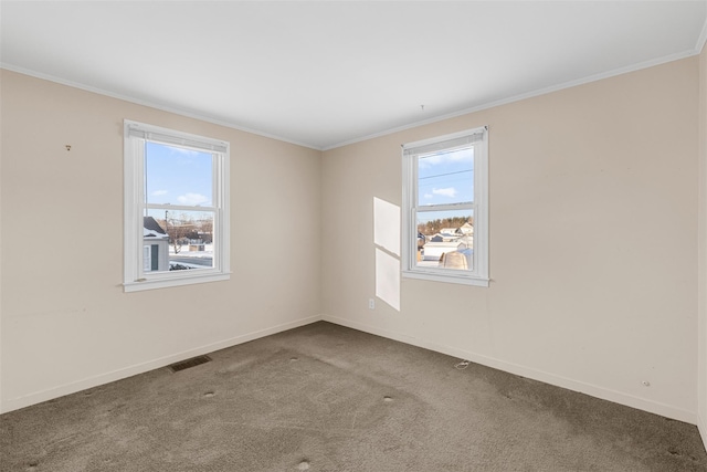 spare room with carpet floors, plenty of natural light, and ornamental molding