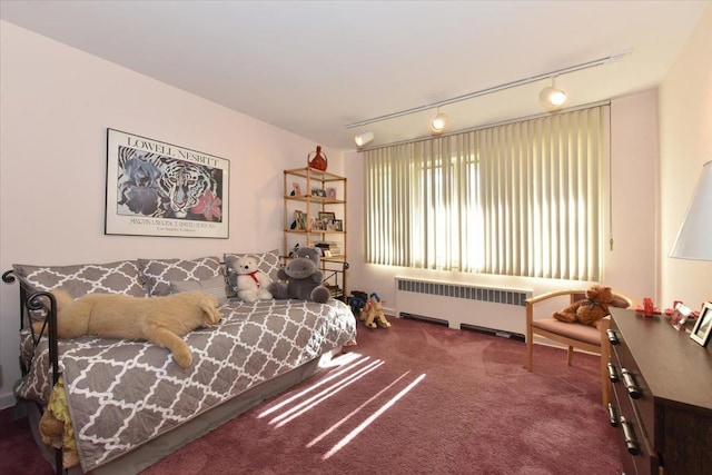 carpeted bedroom with radiator and rail lighting