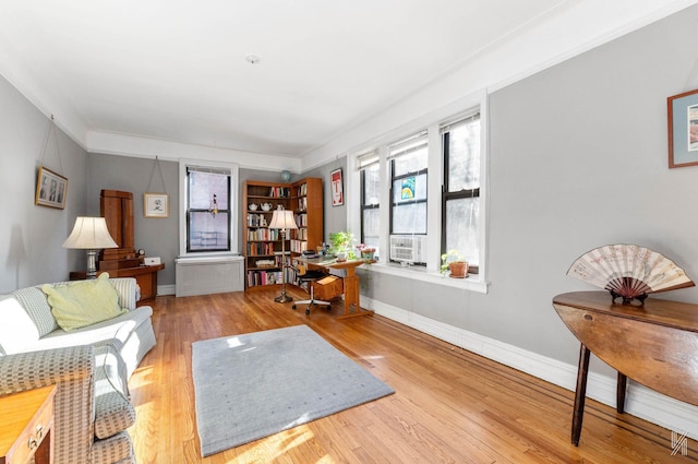 living room featuring crown molding and light wood-type flooring