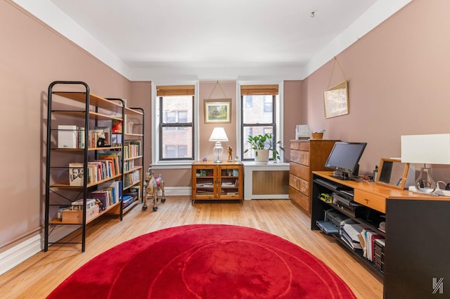 home office featuring radiator heating unit and light hardwood / wood-style floors