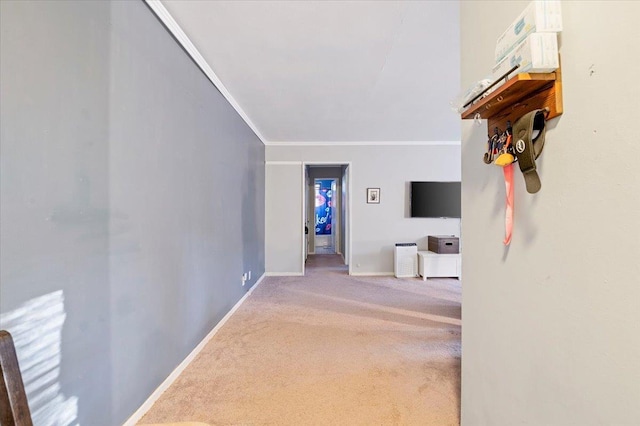 hall featuring carpet floors and crown molding