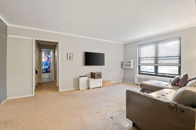 living room with a wall mounted air conditioner, light colored carpet, and crown molding