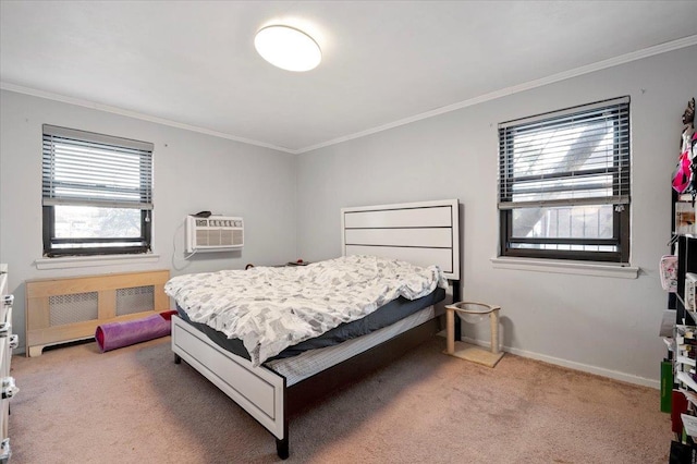 bedroom featuring radiator, a wall mounted air conditioner, crown molding, carpet floors, and multiple windows