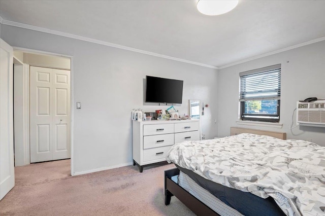 bedroom featuring light colored carpet and crown molding