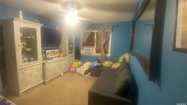 game room with ceiling fan, cooling unit, and light colored carpet