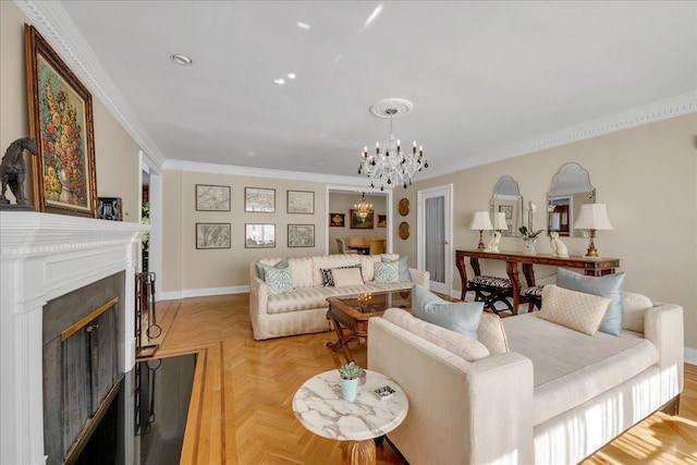 living room featuring light parquet floors, ornamental molding, and a notable chandelier