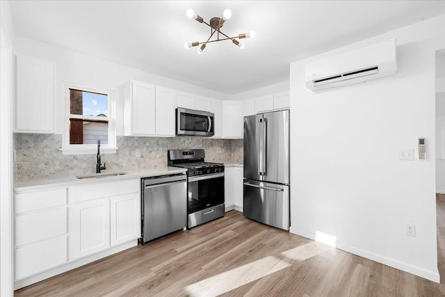 kitchen with a wall unit AC, white cabinetry, sink, and stainless steel appliances