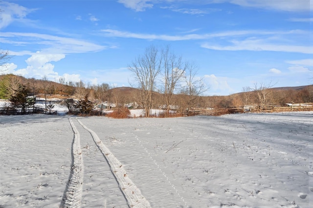 yard layered in snow with a mountain view