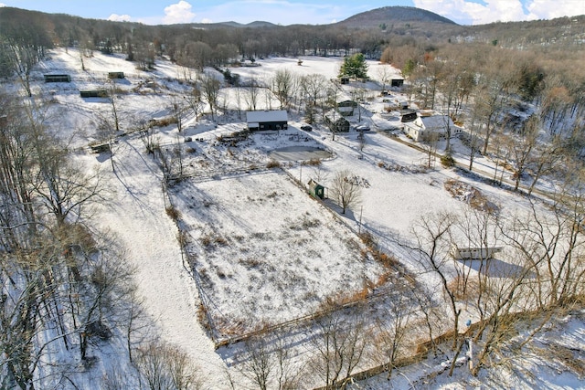 snowy aerial view with a mountain view