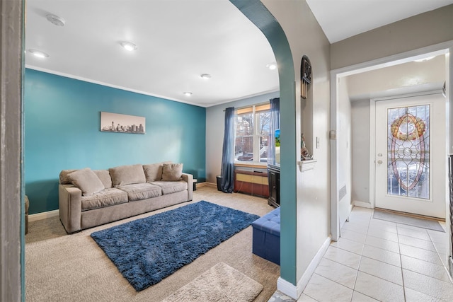 living room with light tile patterned flooring