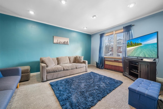 living room featuring light colored carpet and ornamental molding