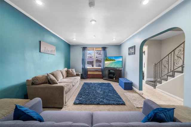 living room with crown molding